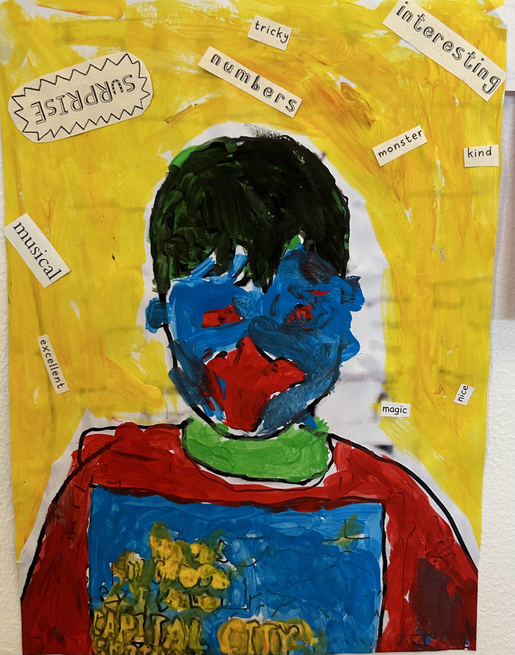 a multicolored self-portrait in bright pastel colors of a child