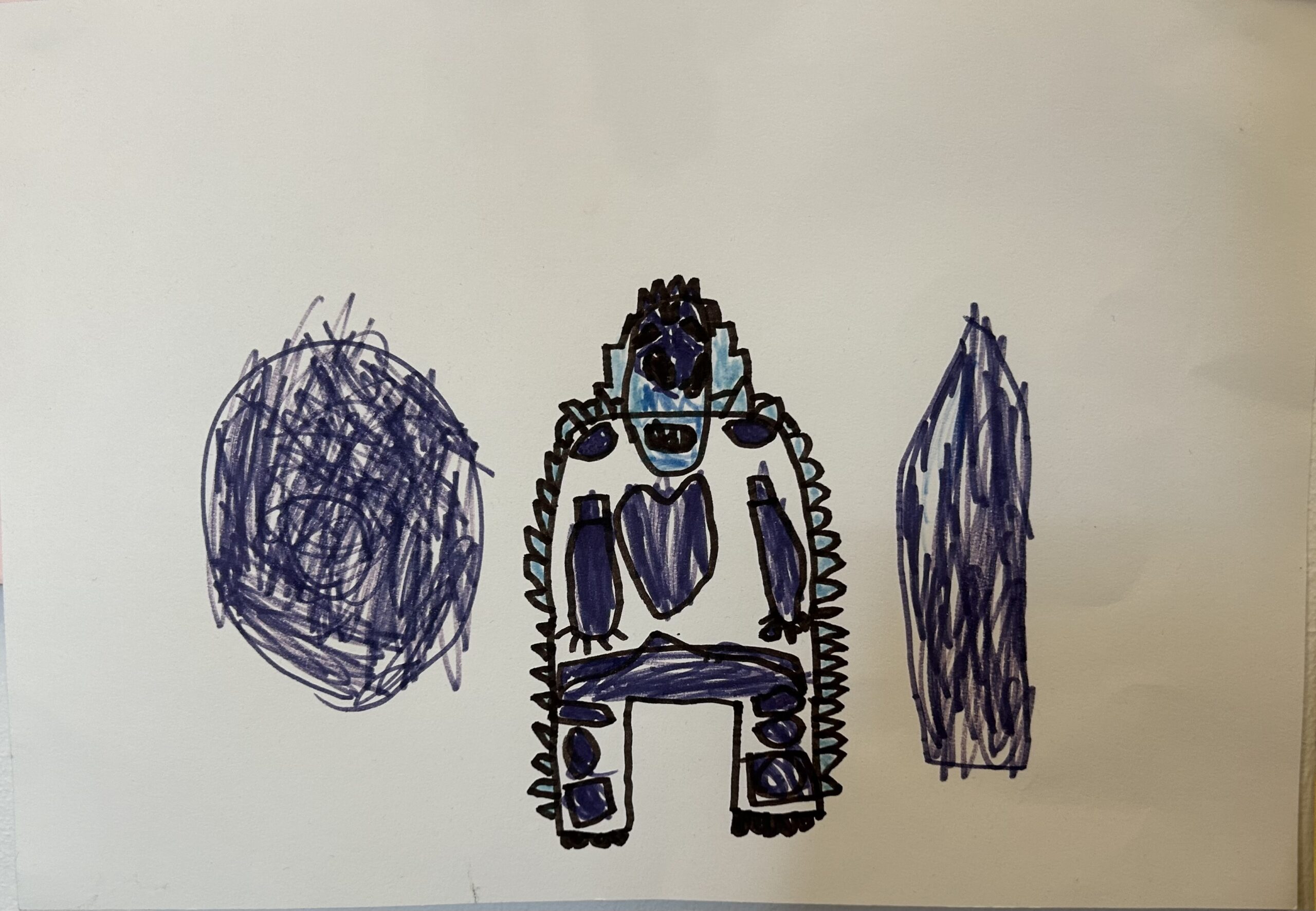 a three part purple drawing on white paper: a purple circle; a purple and black figure that looks a blend between a robot, a person, and a rocket; and a surfboard shaped purple shape.