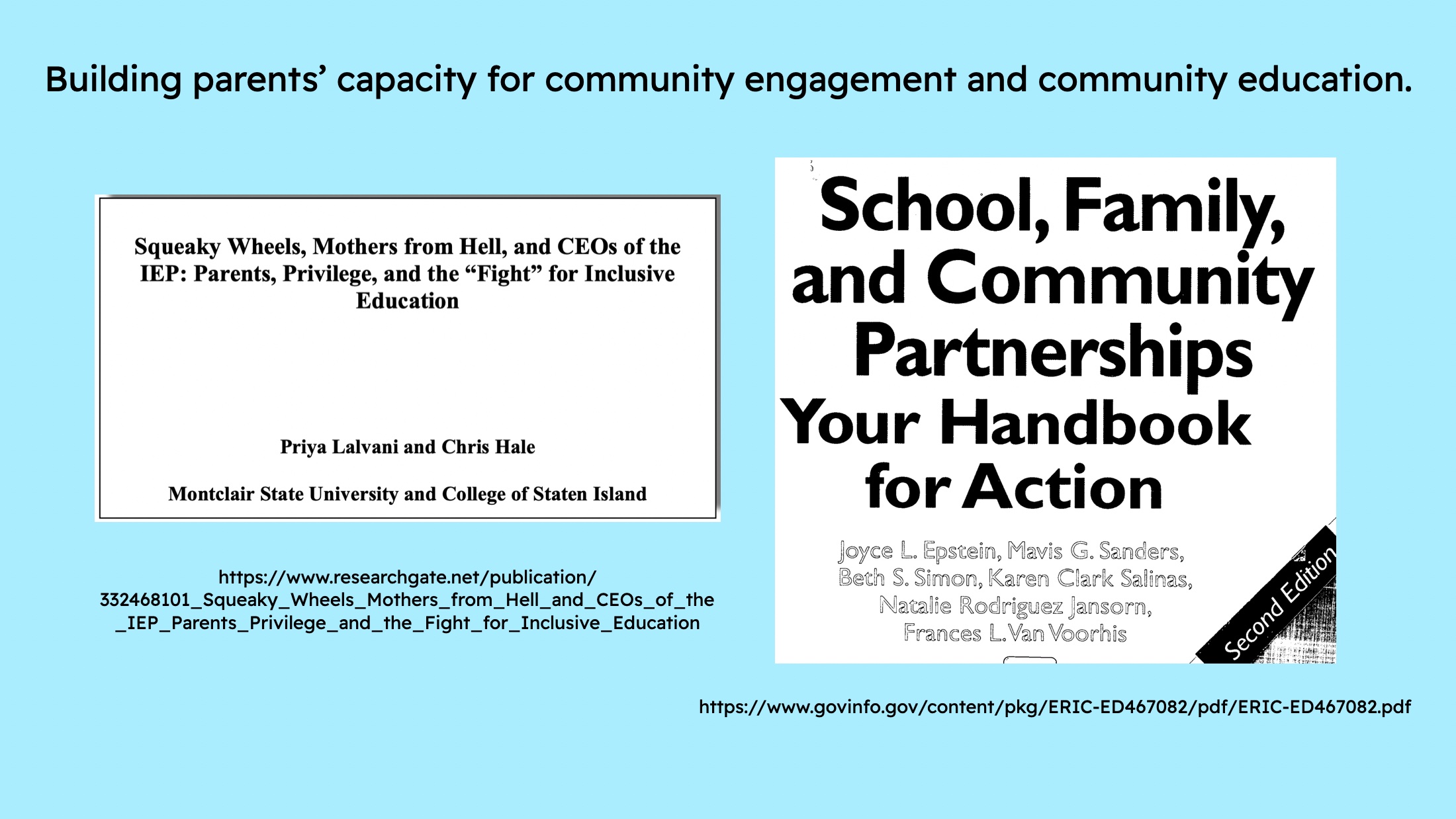 Slide titled "Building parents' capacity for community engagement and community education." One open access online journal and one open access online book referenced. Links to both (Squeaky Wheels; and School Family and Community Partnerships) in text of speech.